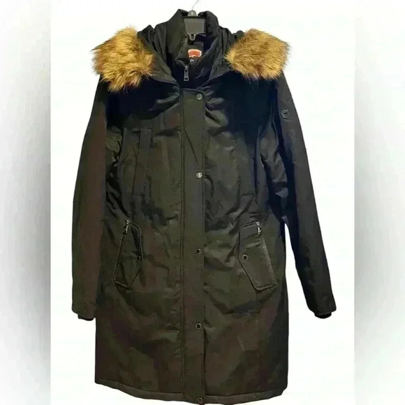 Women’s 1 Madison Expedition Faux Fur Hooded Black Parka Jacket size Large - Picture 1 of 12
